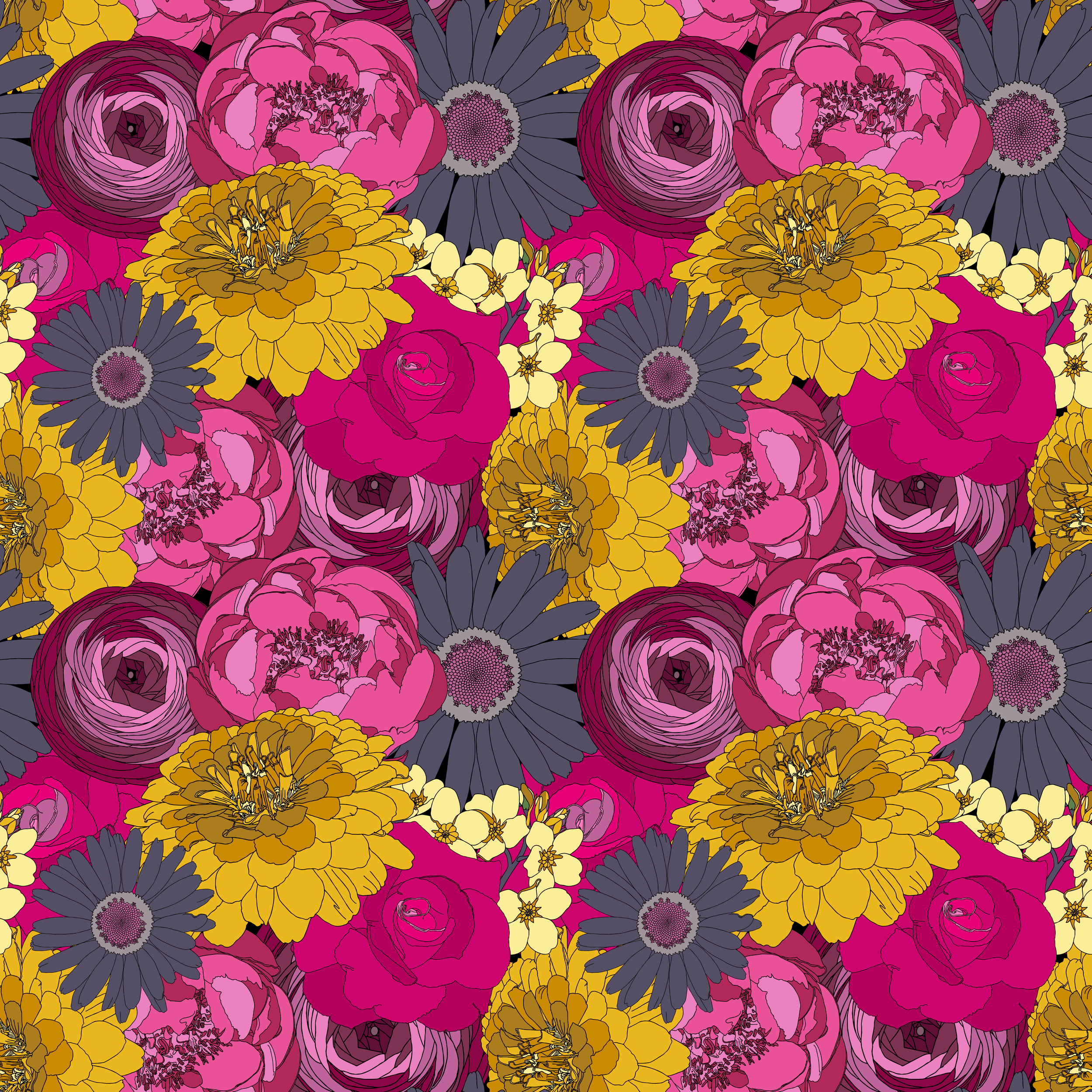 Illustrated floral pattern with pink, yellow, and gray flowers, including roses and daisies, in a seamless design.