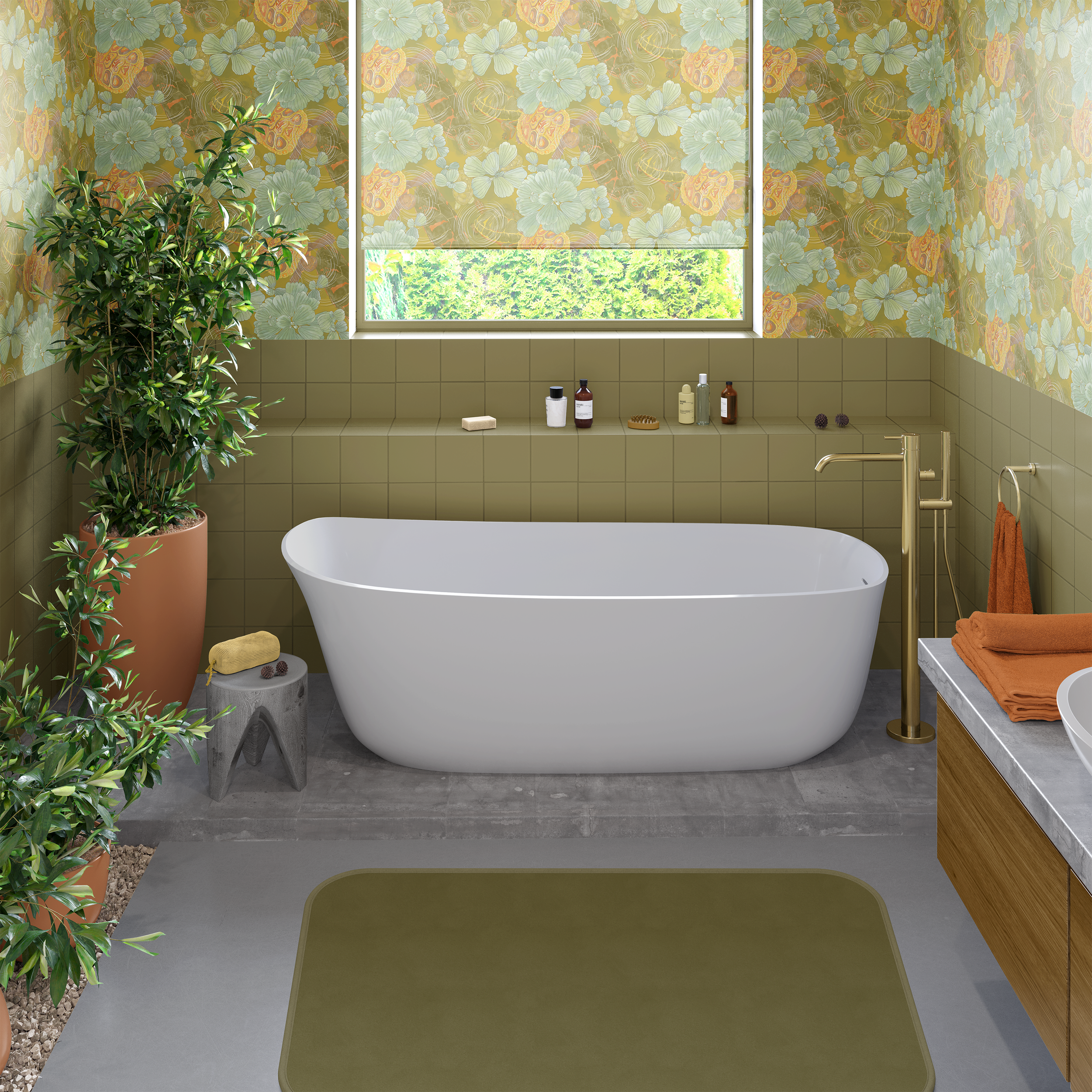 Kame Zenshin Mustard Bathroom Tub and Window