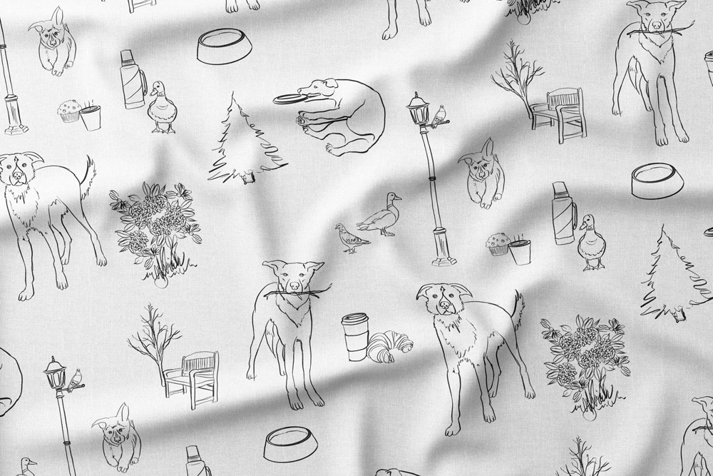 Illustration featuring dogs with a frisbee and a stick, ducks and pigeons, a lamp post with a bird, trees, a bench, a coffee cup, a thermos, a croissant, a muffin, a flower bouquet, and a dog bowl.