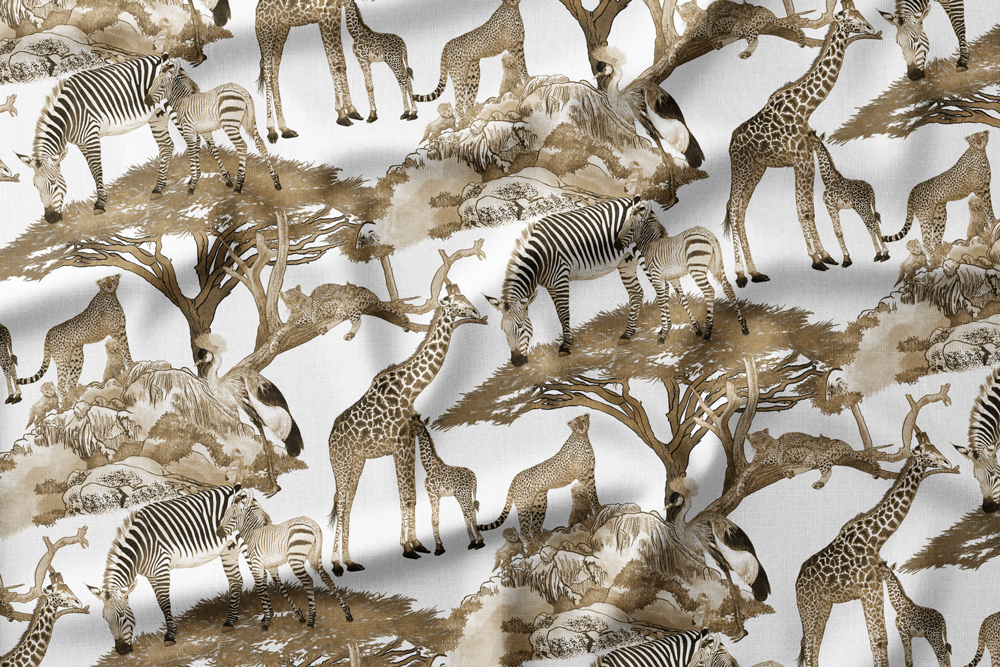 Illustration of African wildlife, including giraffes, zebras, cheetahs, and a crowned crane in a savanna setting.