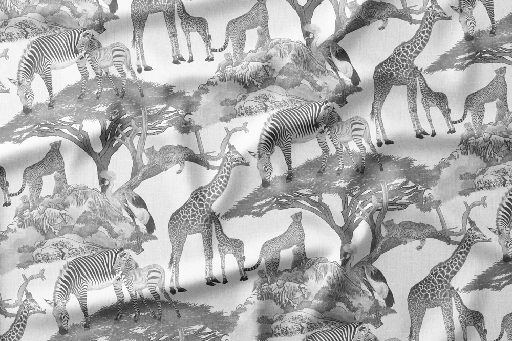 Monochrome illustration of African wildlife, including giraffes, zebras, cheetahs, and a crowned crane in a savanna setting.