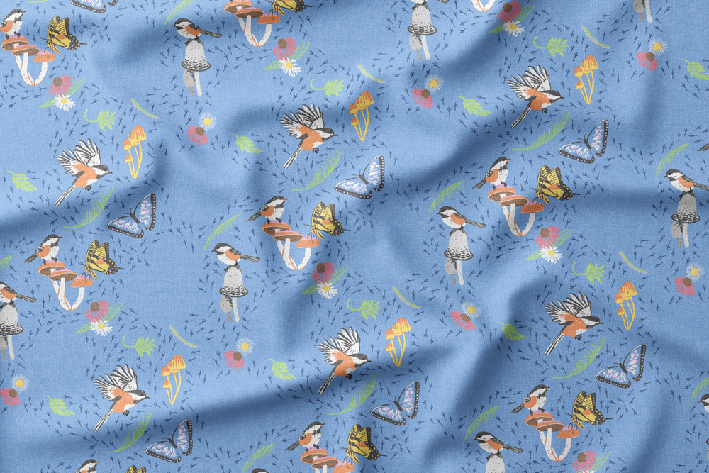 #6 Birds Butterflies Mushrooms Flowers Grasses on Light Blue
