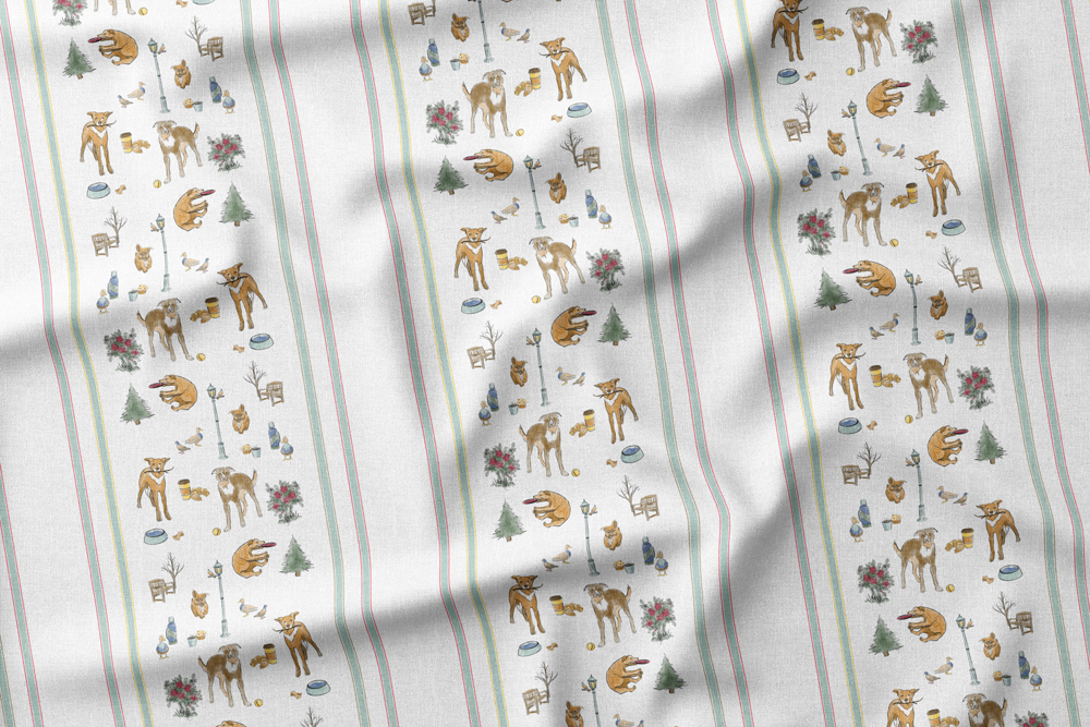 Illustration pattern of dogs, trees, ducks, coffee cups, benches, and streetlamps, with pastel stripes border.