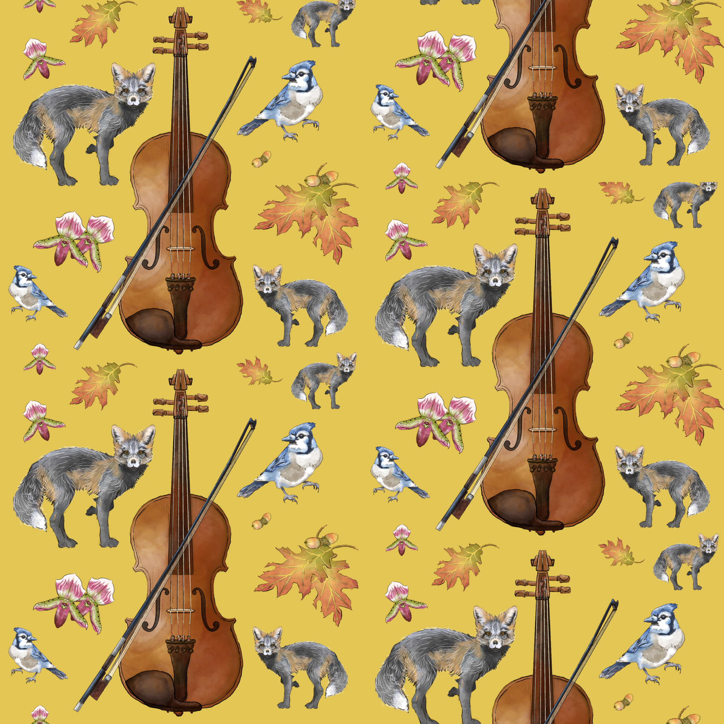 Illustration featuring a violin and bow centered among a pattern of gray foxes, blue jays, oak leaves, acorns, and flowers on a mustard yellow background.