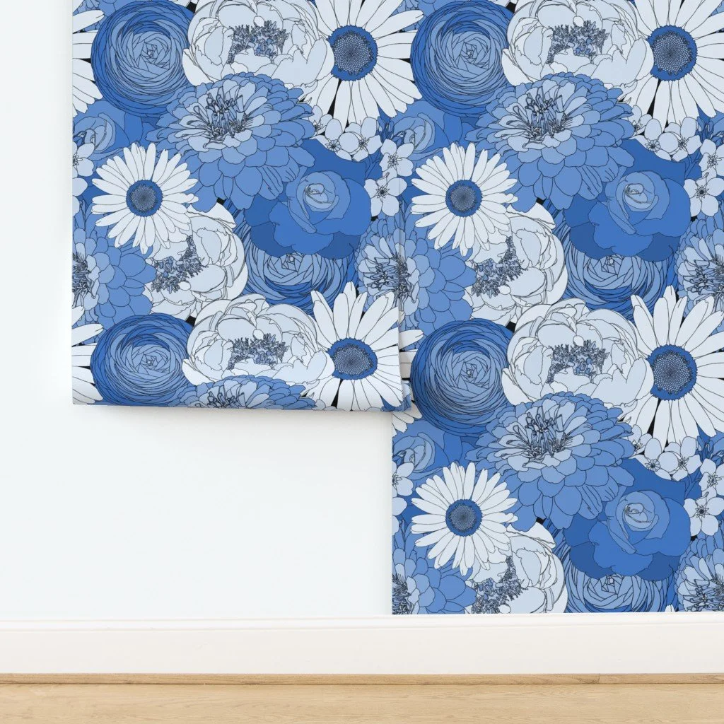 Floral pattern with blue and white flowers including daisies, peonies, and roses, monochrome illustration.