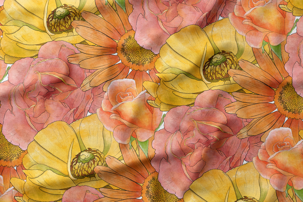 02 Flower Foursome of Watercolor & Graphite Zinnias, Gerberas, Peonies & Roses (Large-scale)