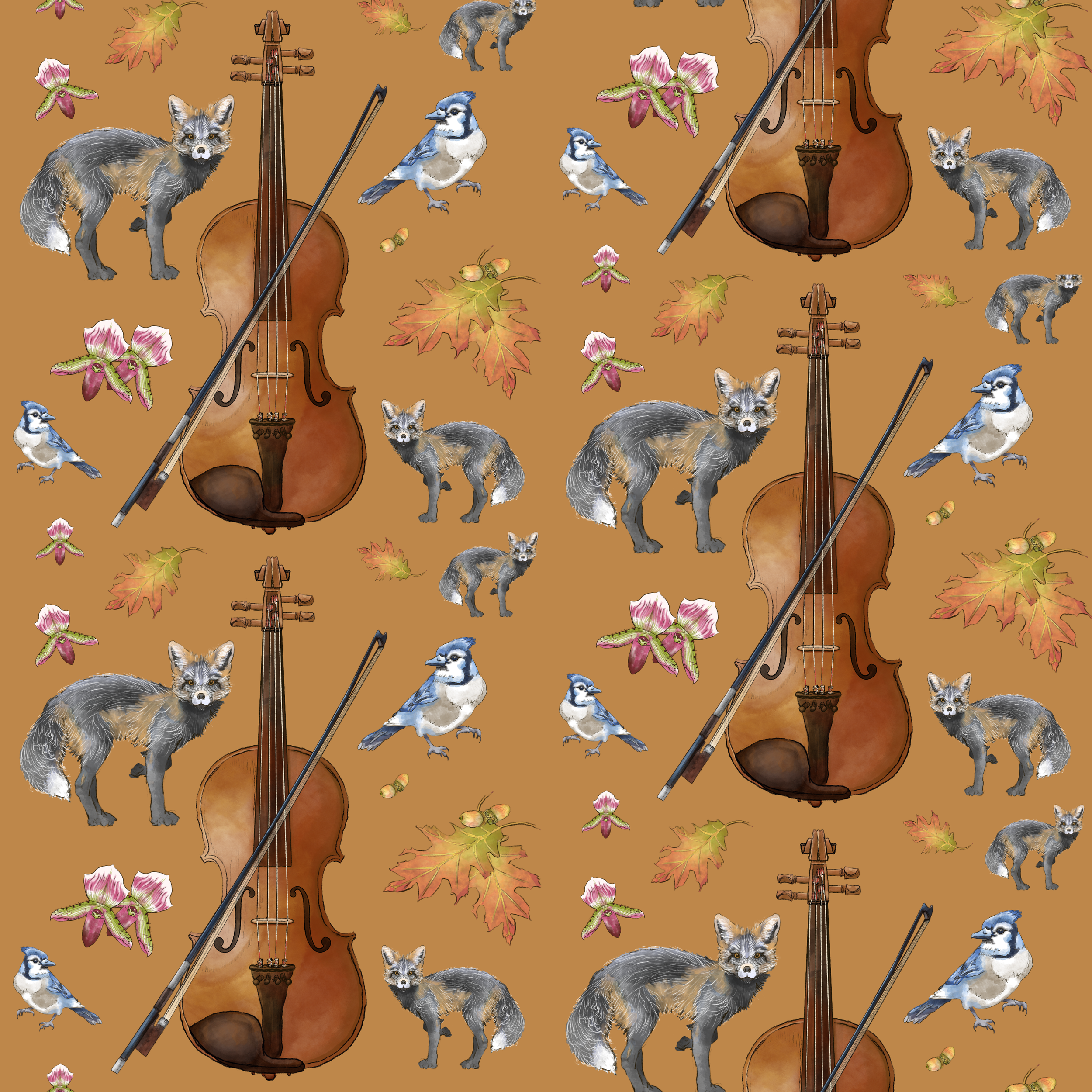 Illustration of a pattern featuring a violin and bow, blue jays, foxes, acorns, maple leaves, and flowers on a brown background.