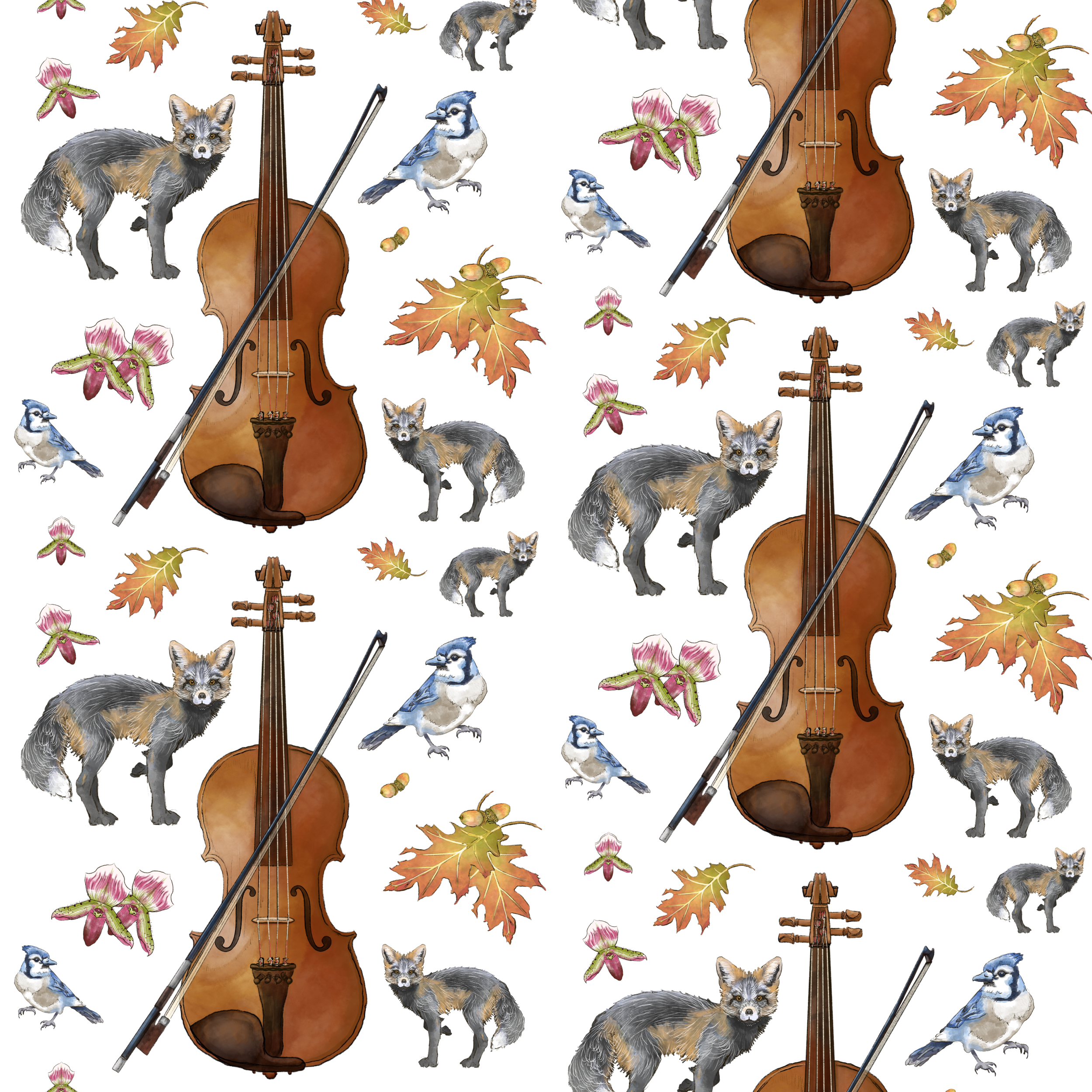 Illustration of a violin with a bow, surrounded by foxes, blue jays, autumn leaves, orchids, and acorns.
