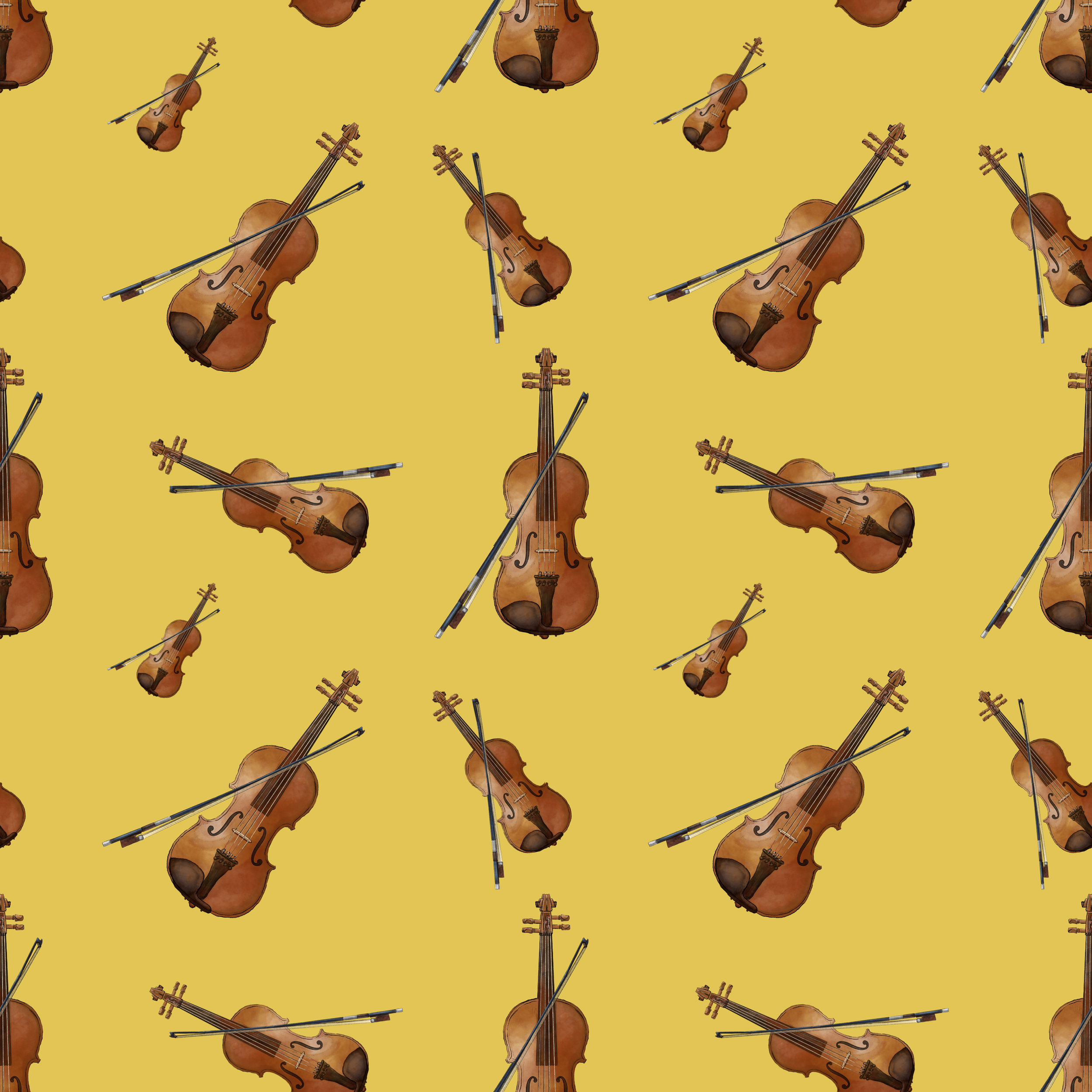 Pattern of violins and bows on a yellow background.