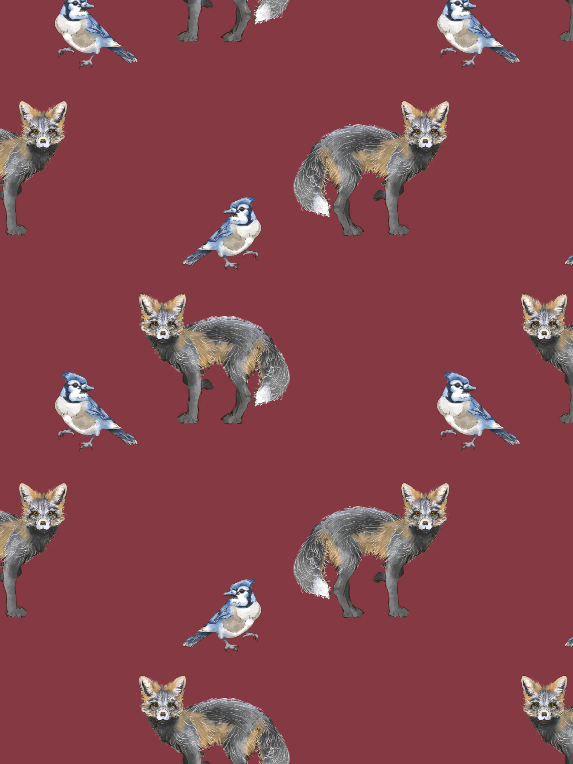 Pattern with watercolor foxes and blue jays on maroon background.