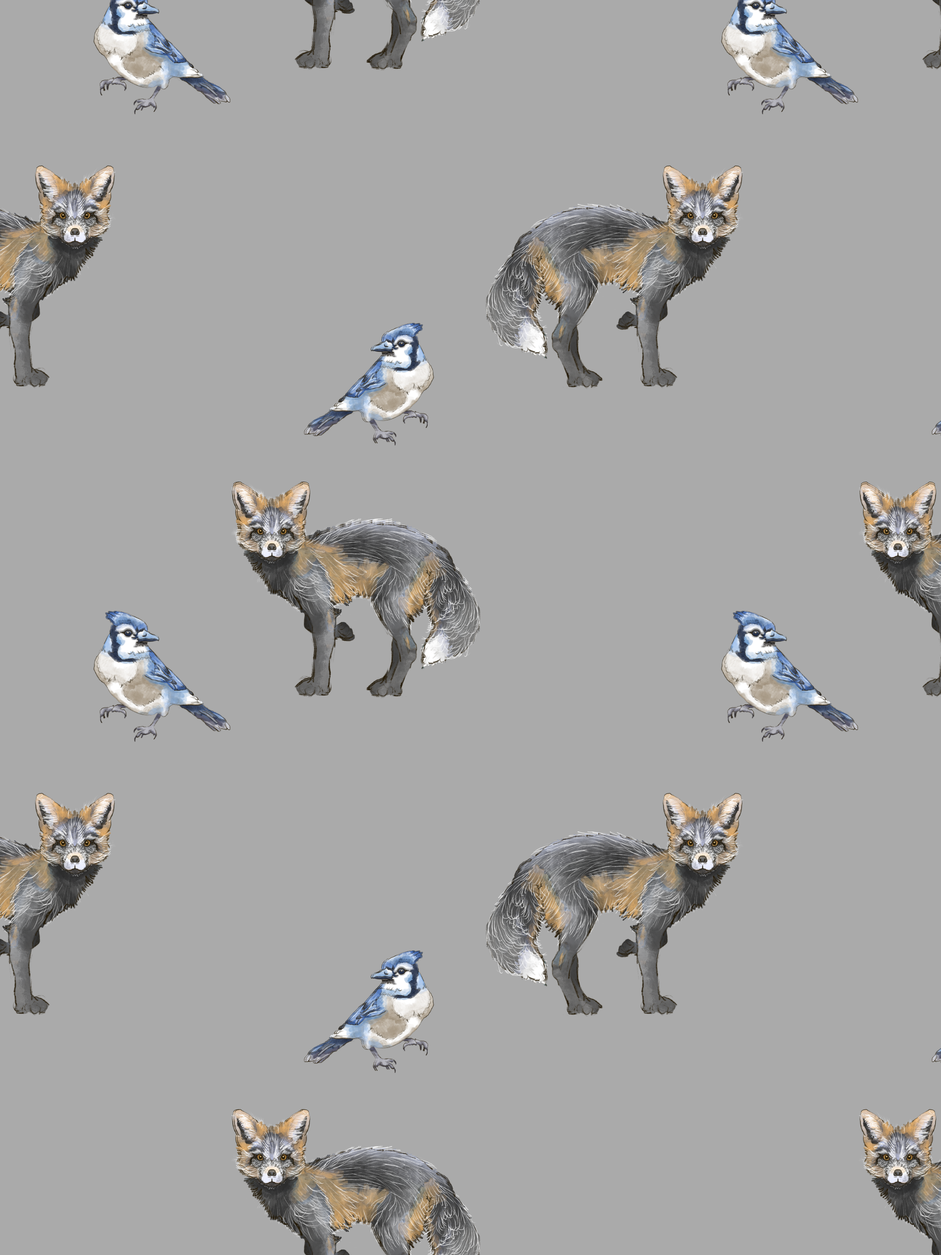 Pattern featuring illustrated foxes and blue jays on a gray background.