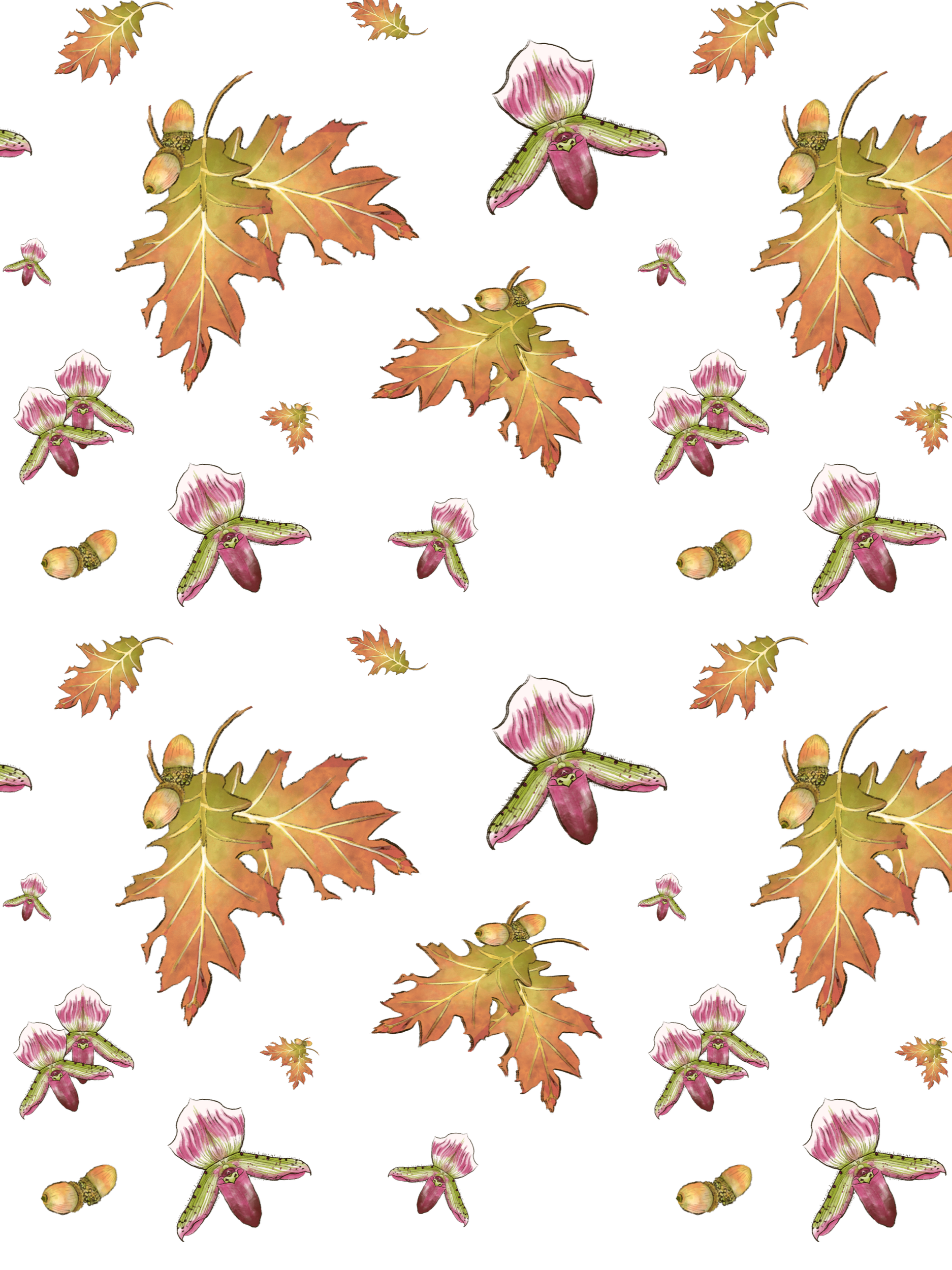 Pattern of autumn oak leaves, acorns, and pink flowers on a white background.