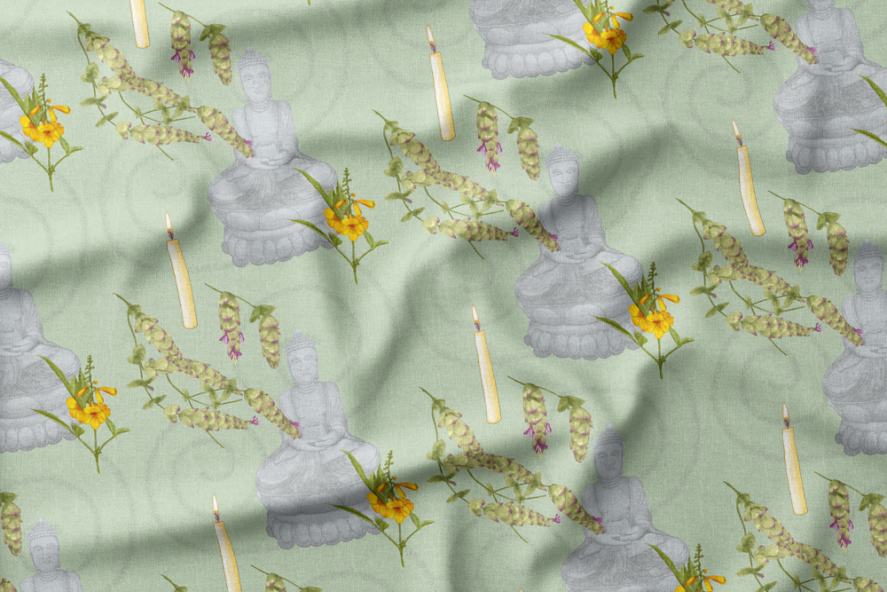 Repeating pattern with Buddha statue, yellow flowers, green foliage, and lit candles on a light green background.