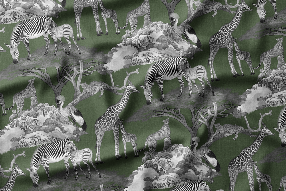 Illustration featuring giraffes, zebras, cheetahs, and a crested crane on a green background with trees and rocks.