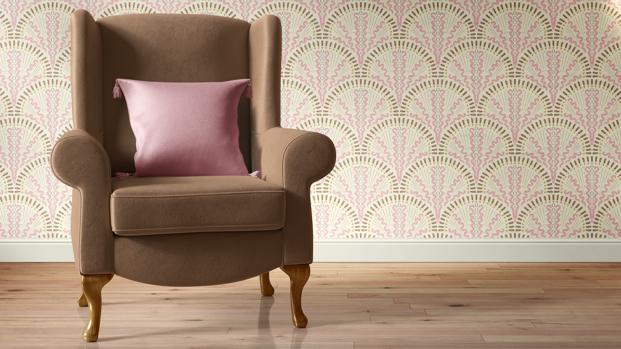 Soft brown velvet high-backed chair with tassled soft pink throw pillow, in front of wallpaper from the Feeling Africa collection.