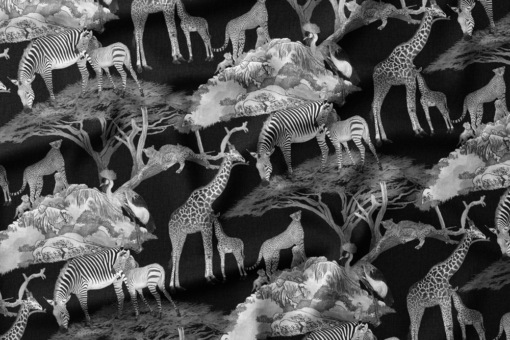 Illustration of African savanna animals including giraffes, zebras, a cheetah with cubs, and a crowned crane among trees and rocks.