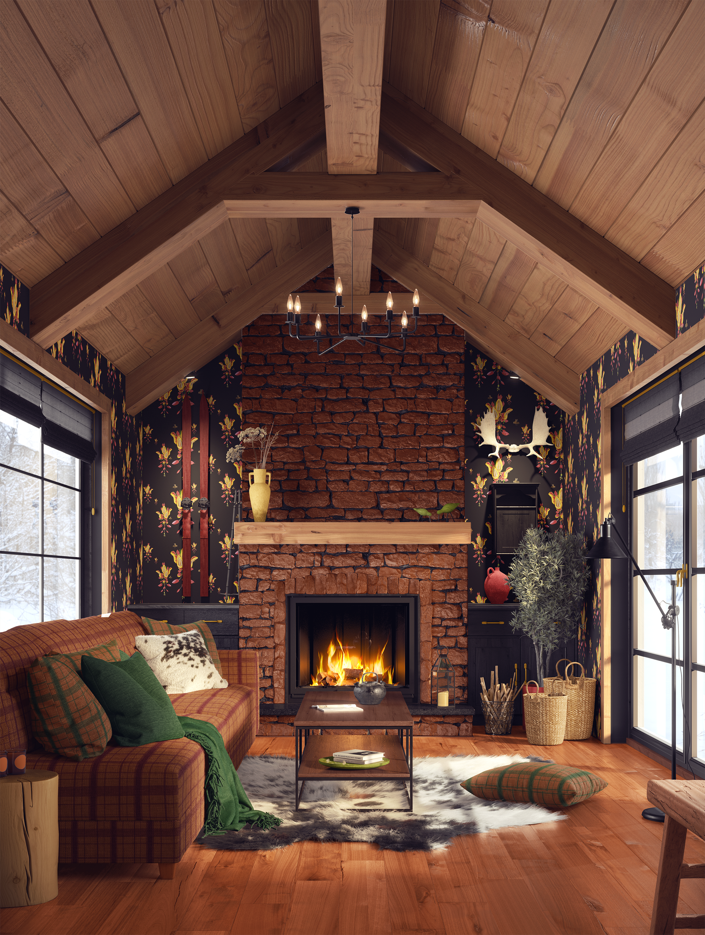 Living room with Exotic Florals: Indian Brick & Butter Vine wallpaper and matching plaid upholstery and pillows, showing a warm, layered color story in brick, butter, and vine tones.