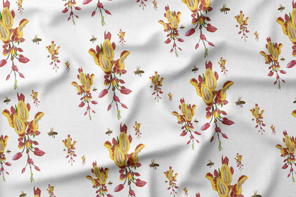 Illustration of vibrant red and yellow flowers with bees flying around them on a white background.