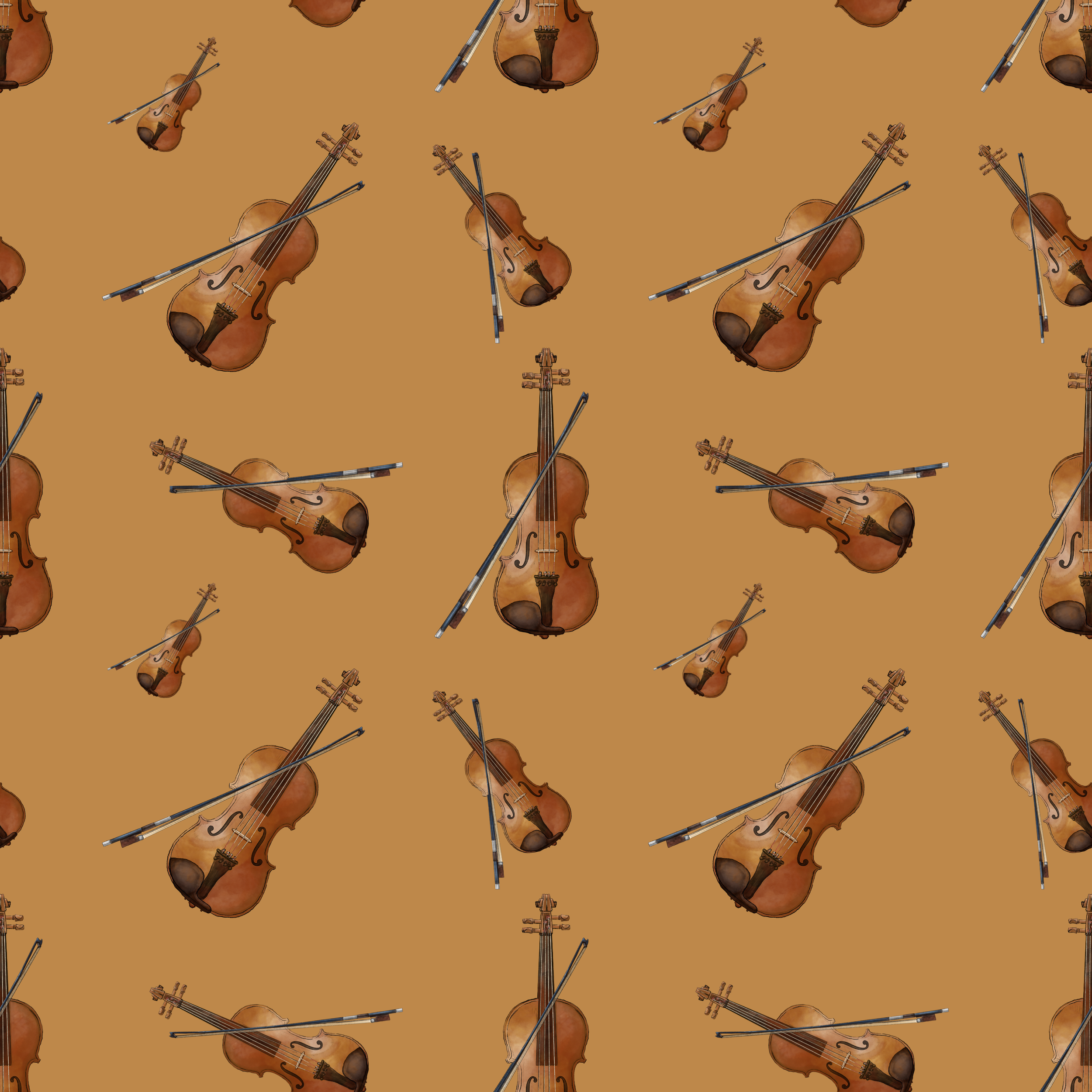 Seamless pattern of violins and bows on a brown background.