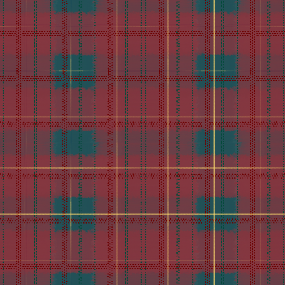 Plaid pattern with red, green, and yellow lines and dotted accents on a textured background.