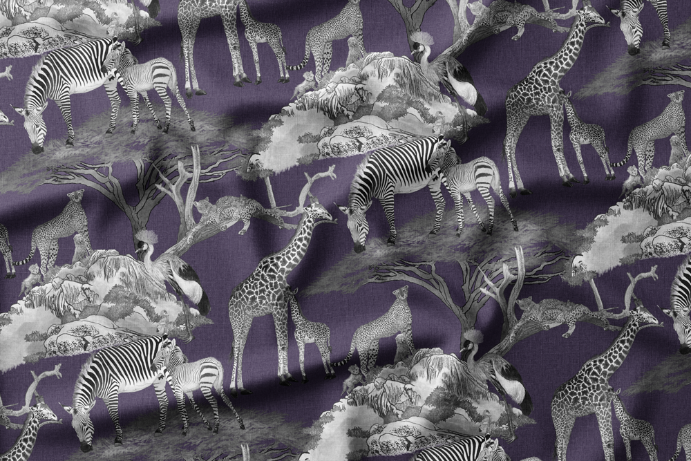 Serengeti Wildlife Families
Colorway: 15 (Traditional Toile on Deep Purple)