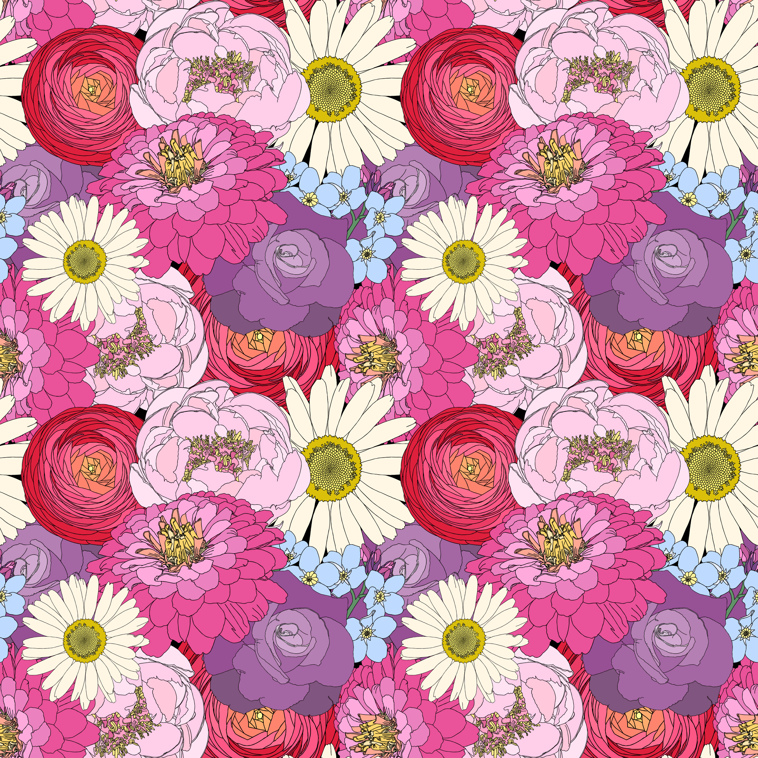 Colorful illustrated floral pattern with daisies, peonies, ranunculus, and zinnias.