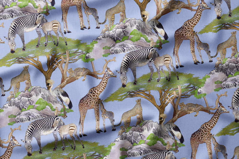 Illustrated jungle scene with giraffes, zebras, cheetahs, a crane, and acacia trees on a blue background.