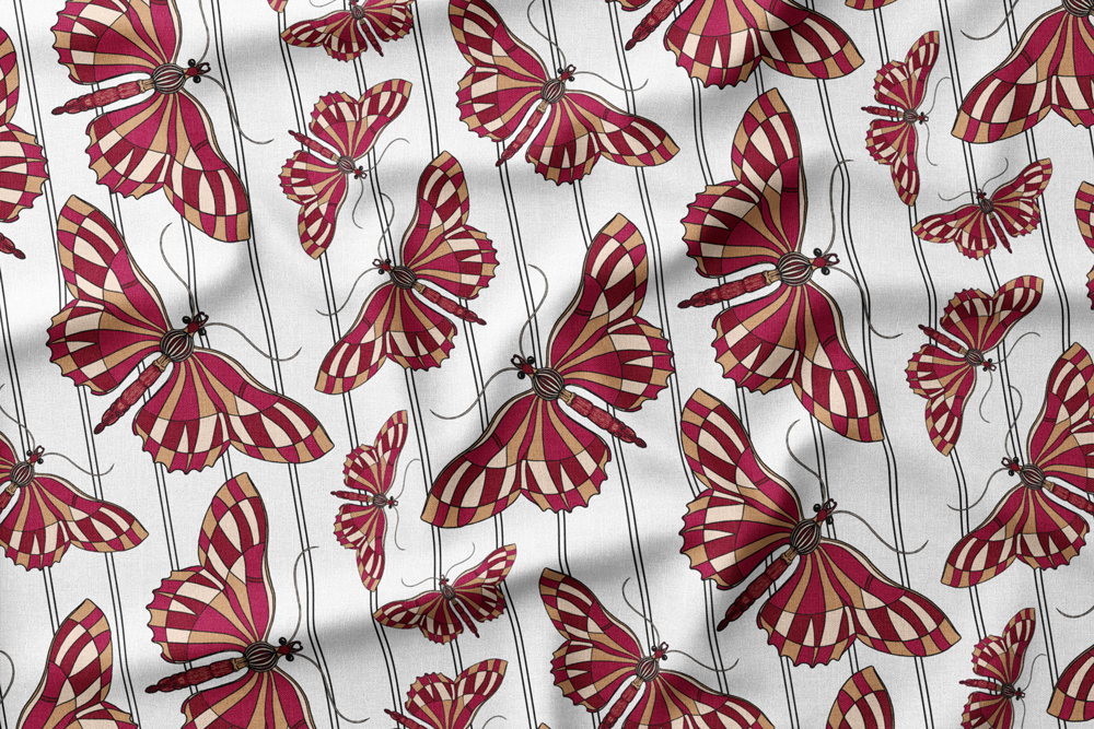 06 Red & Tans Butterflies Across Black Pinstripes on White