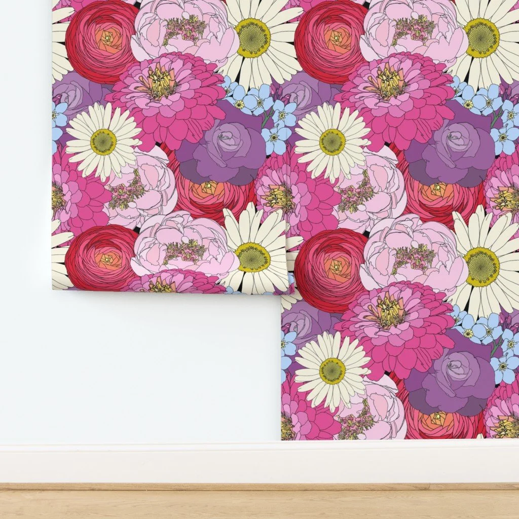 Colorful floral pattern featuring pink, purple, blue, and white flowers, including daisies and peonies, with intricate details and yellow centers.