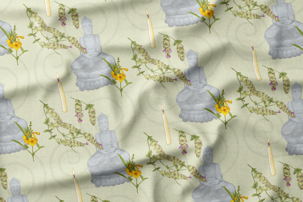 Seamless pattern with Buddha statues, yellow flowers, candles, and green leaf stems on a light background.