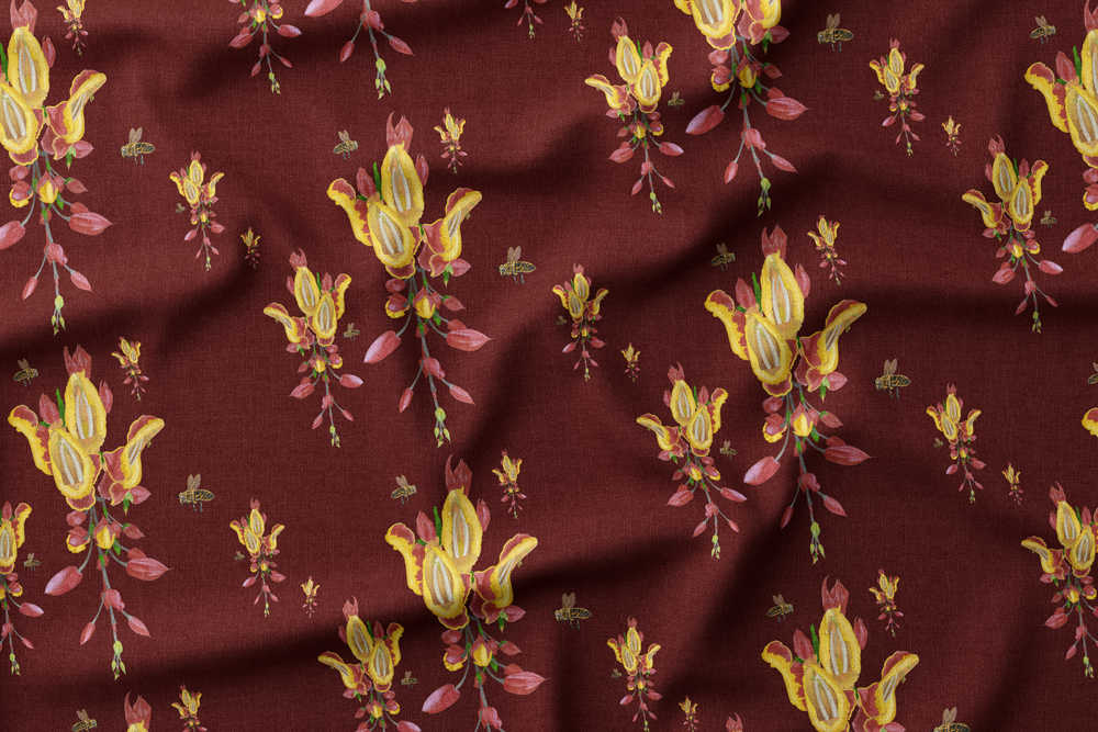 Illustration of yellow and red exotic flowers with bees on a dark background.