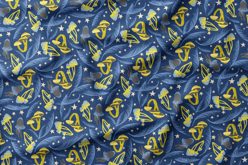 Cozy Mountain Cabin Wildlife
Colorway: 09 (Cosmic Mushrooms on Dark Blue)