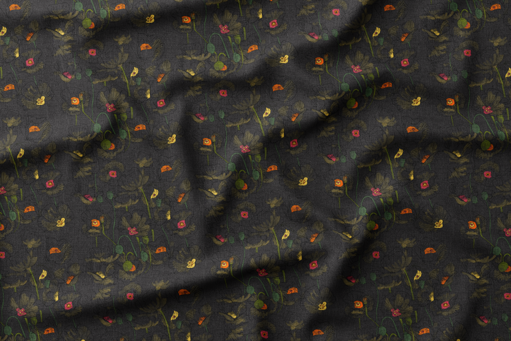 Illustration of dark flowers with bright red, orange, and yellow centers on a black background.