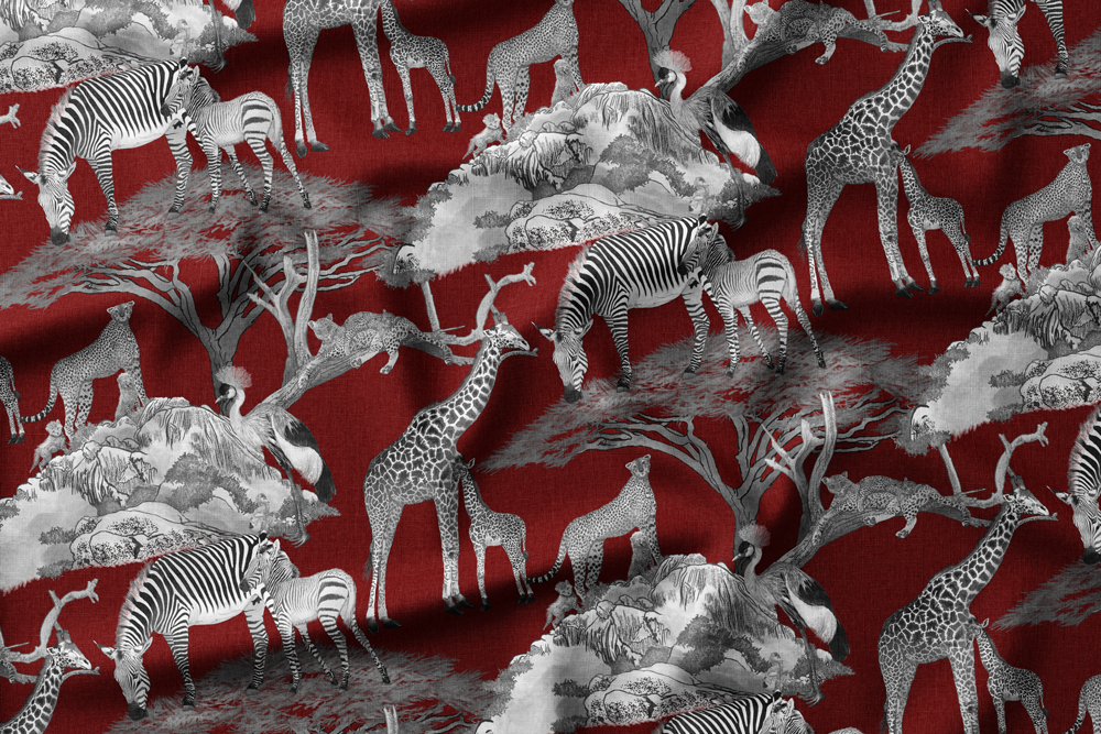 Illustration of various African safari animals including giraffes, zebras, a cheetah family, and a crowned crane, set against a stylized natural background with trees and rocks.