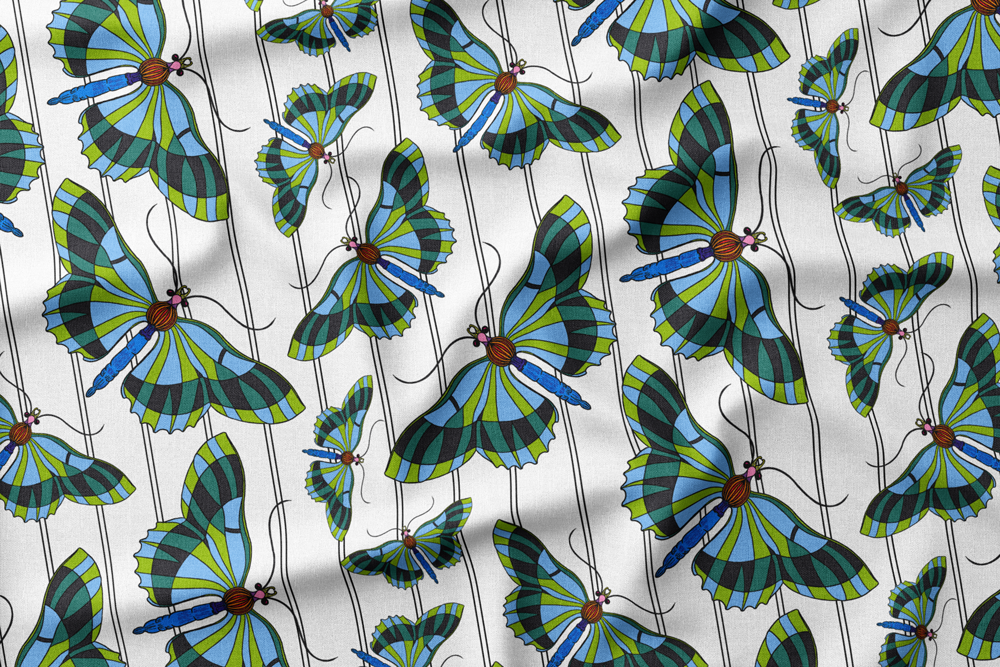 04 Blues & Greens Butterflies Across Black Pinstripes on White