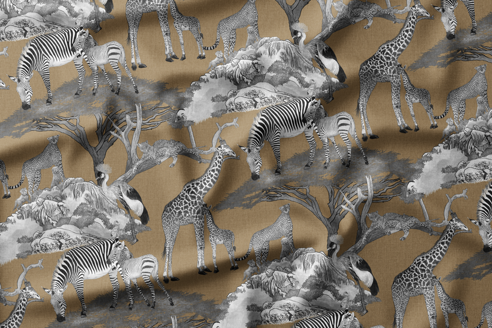 Illustration of various African safari animals including giraffes, zebras, a cheetah family, and a crowned crane, set against a stylized natural background with trees and rocks.
