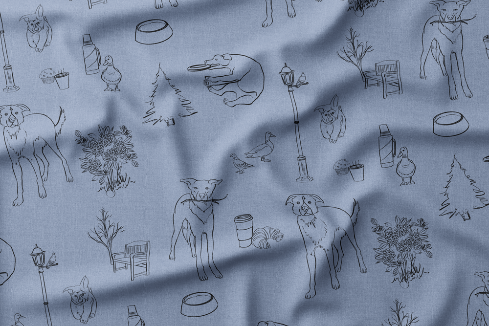 Illustrated montage of outdoor objects including dogs, birds, a bench, trees, lamppost, thermos, coffee, croissant, muffin, and flowers.