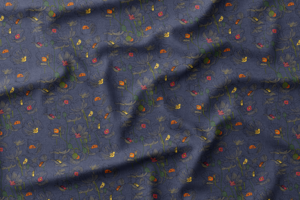 Illustration of blue poppies with colorful centers on a dark background