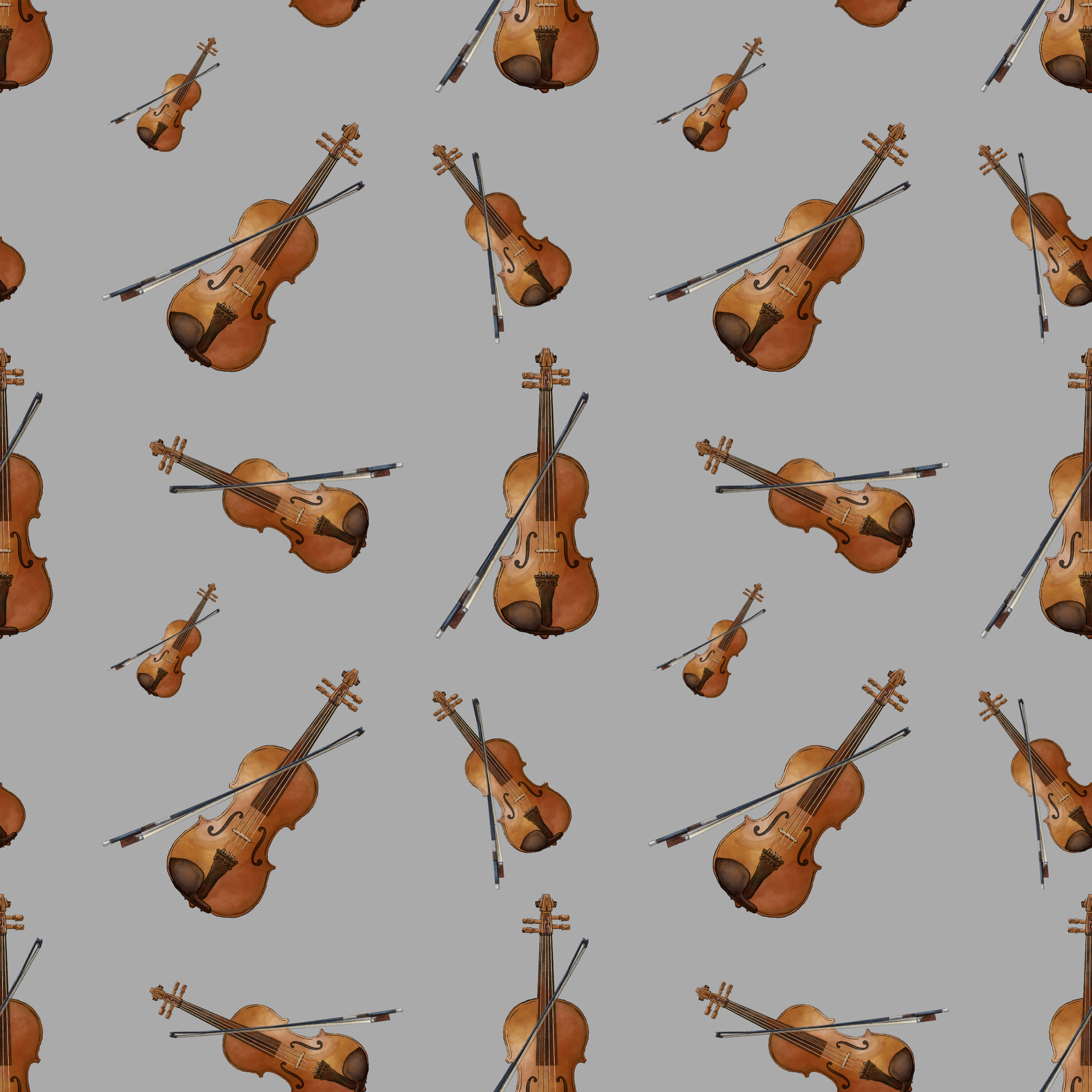 Pattern of violins with bows on gray background
