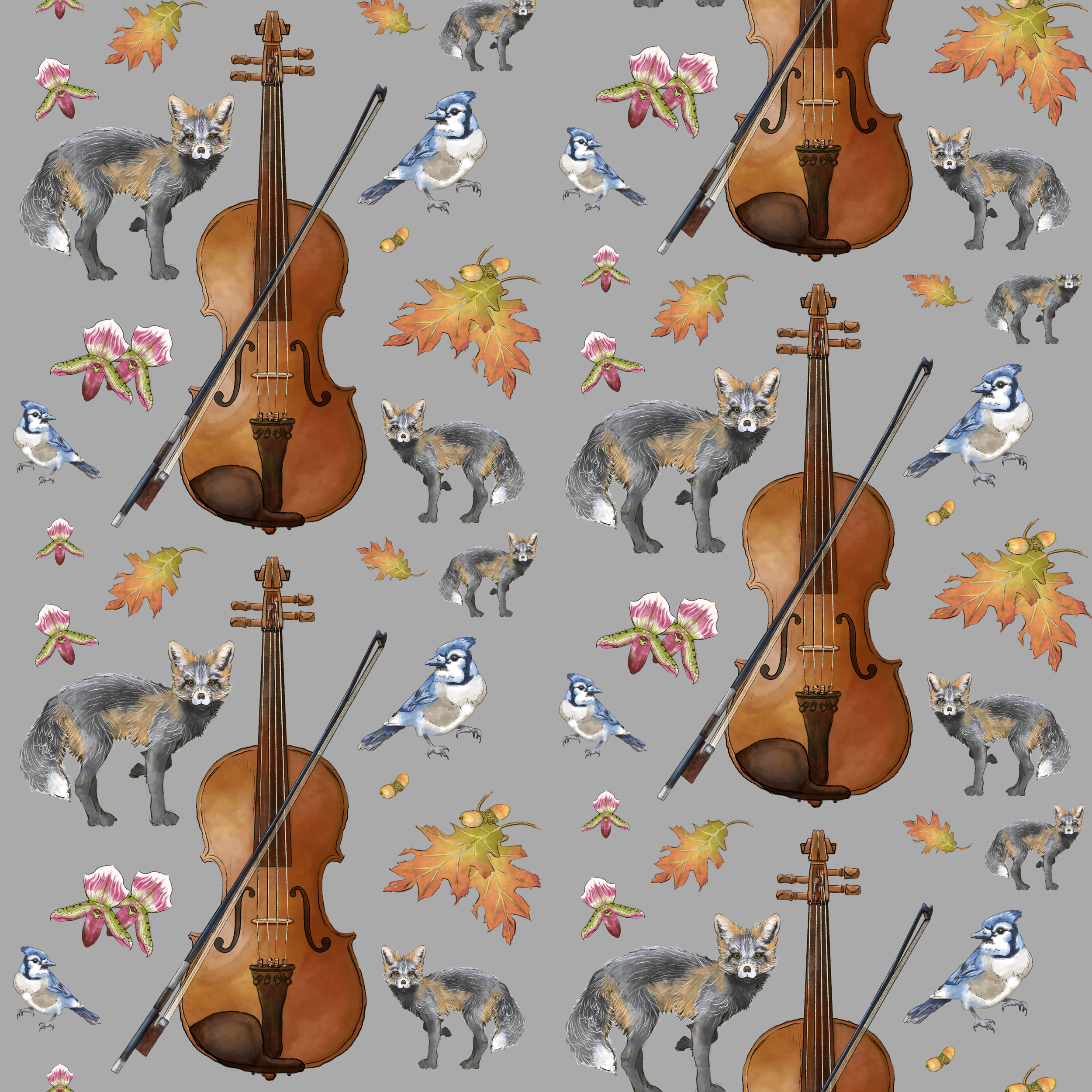 Illustration of a violin with a bow, surrounded by foxes, blue jays, acorns, red maple leaves, and pink flowers on a gray background.