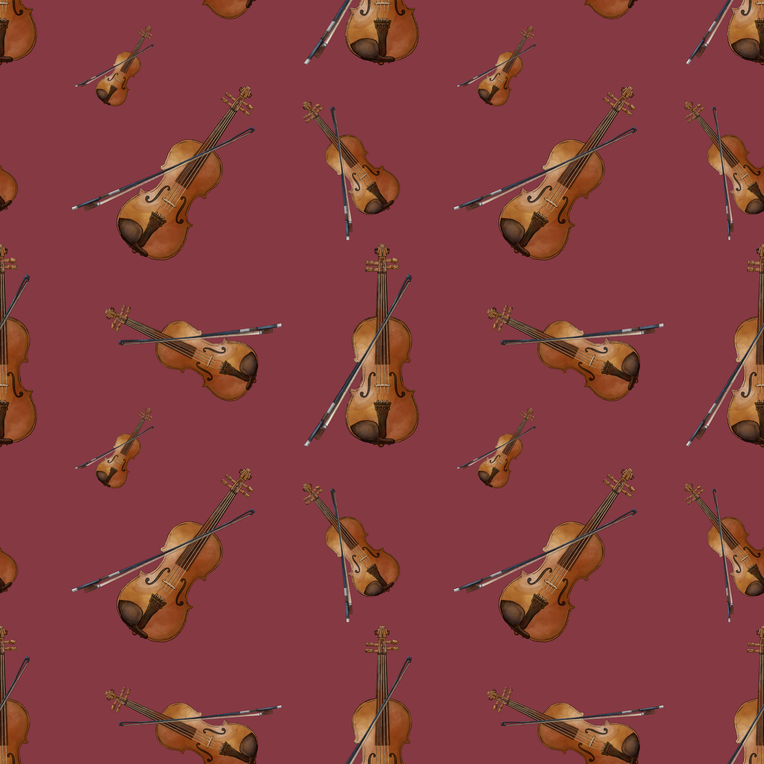 Seamless pattern of violins and bows on a burgundy background