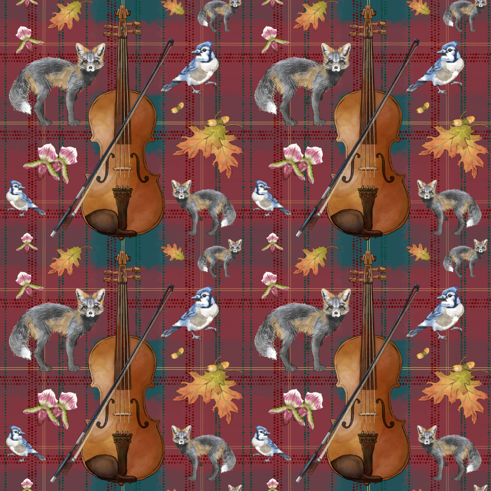 Illustrated pattern featuring a violin, bow, two foxes, two blue jays, autumn leaves, and pink flowers on a red and blue plaid background.