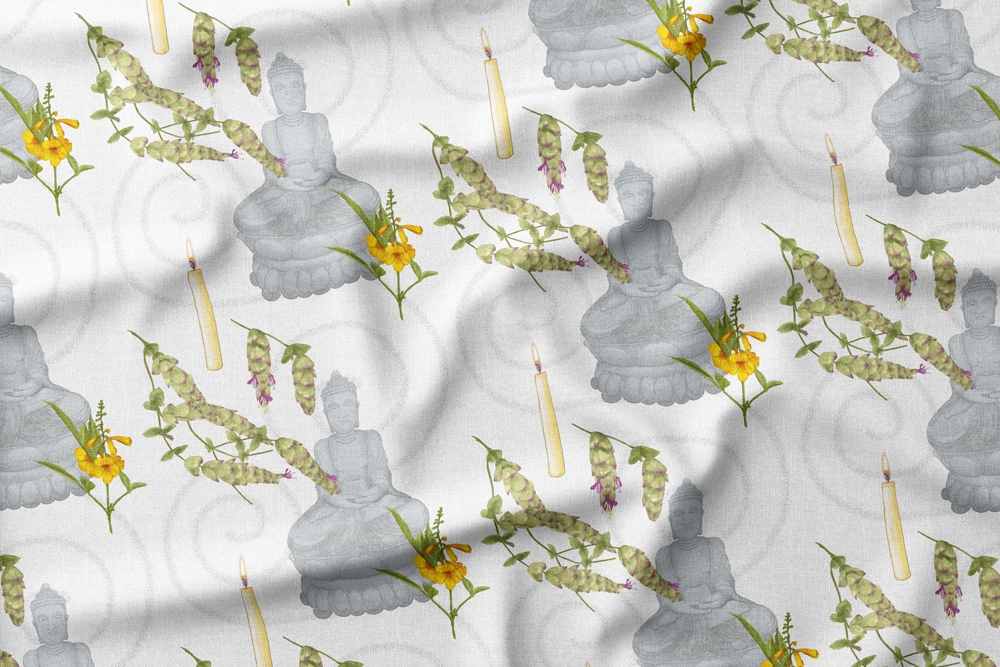 Pattern with Buddha statues, candles, yellow flowers, and spiral designs.