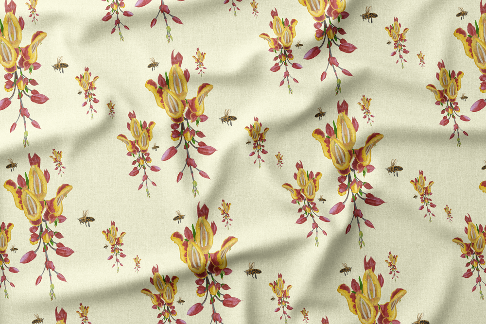 Illustration of yellow and red flowers with bees