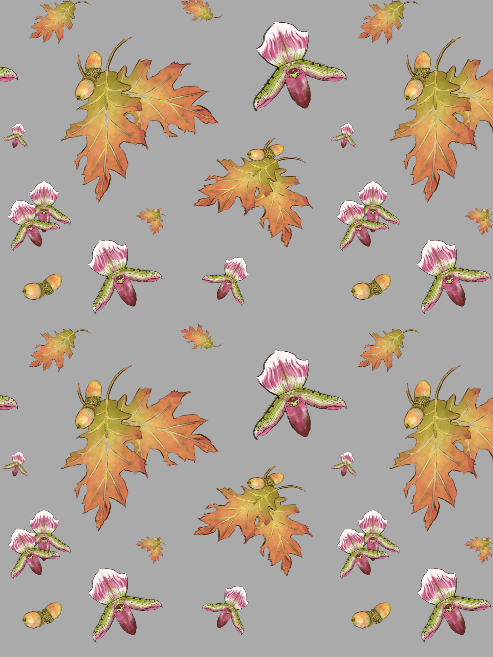 Pattern with autumn leaves, acorns, and flower illustrations on a gray background.