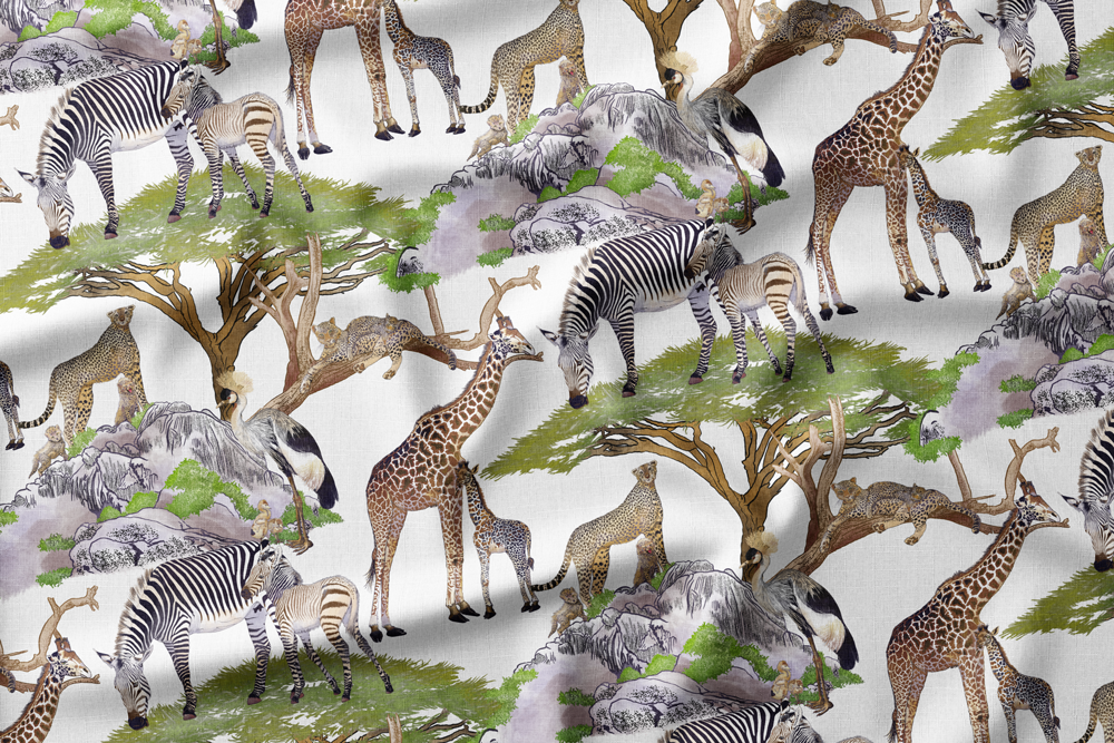 Pattern with giraffes, zebras, cheetahs, and a crowned crane on rocky terrain and acacia trees.
