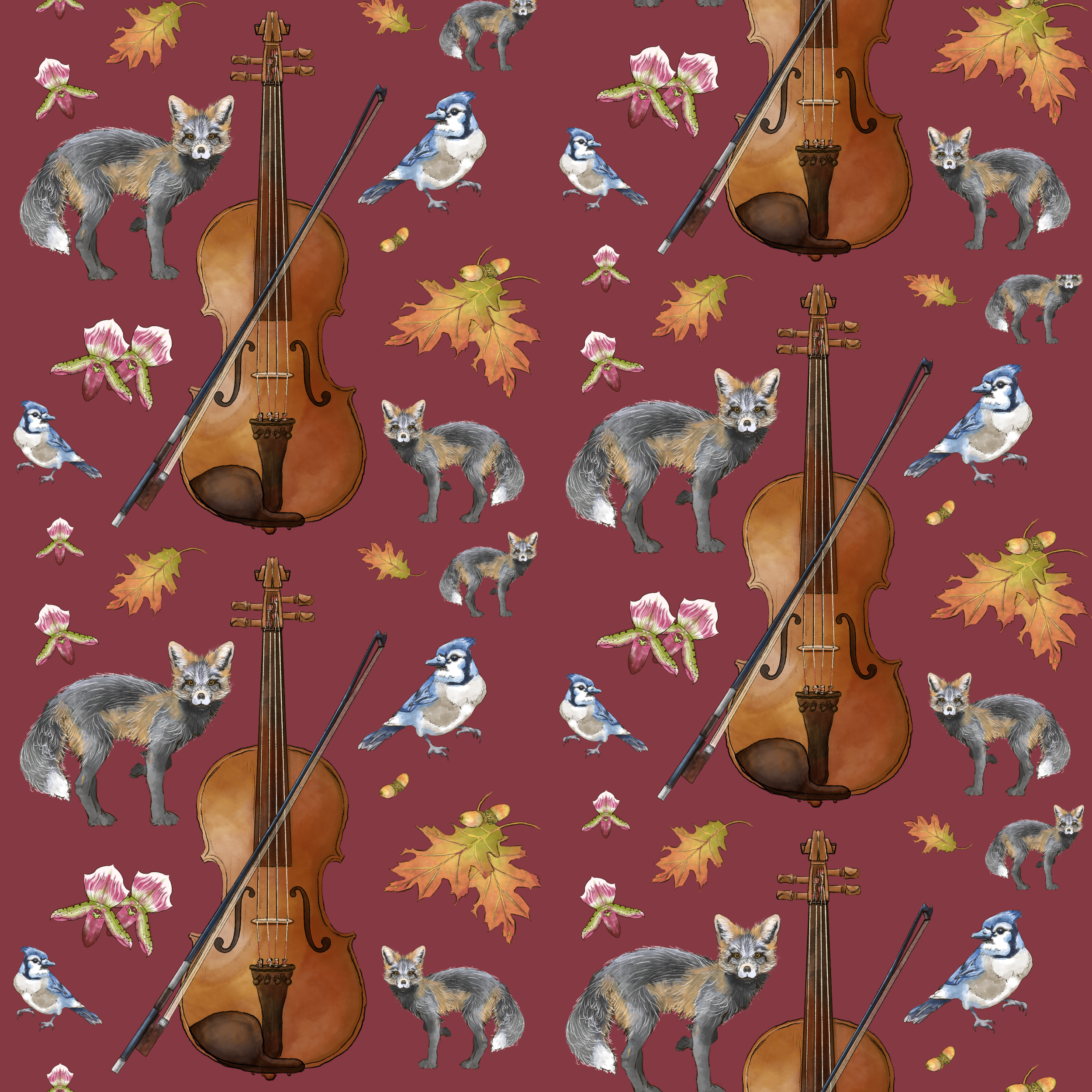 Illustration featuring a violin and bow surrounded by autumn leaves, a fox, blue jay birds, and pink flowers on a maroon background.