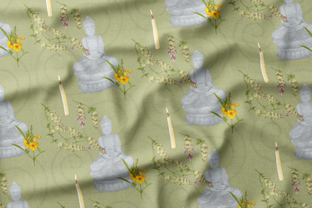 Pattern featuring Buddha statues, candles, and flowers on a green background.