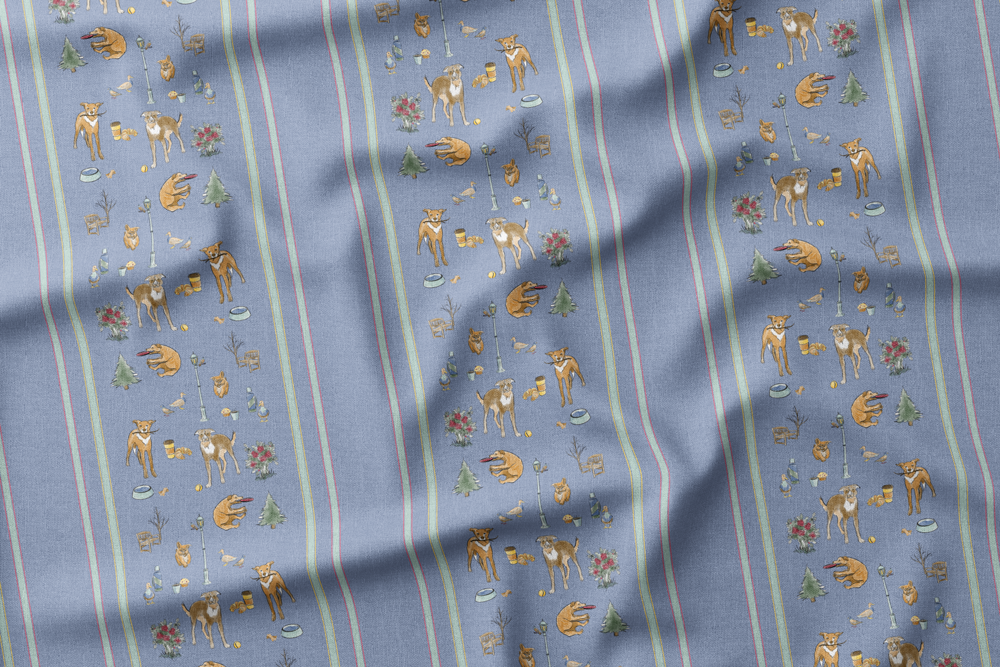 Coffee in the Park with Dogs - Multicolored Stripes on Faded Denim