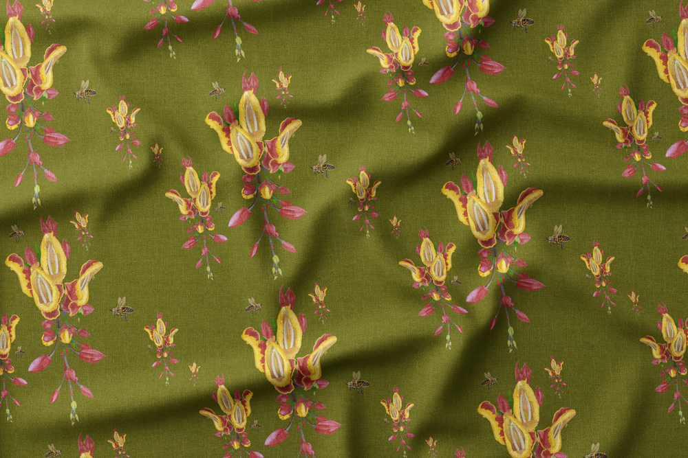 Illustration of Thunbergia mysorensis with yellow-red flowers and bees on green background.